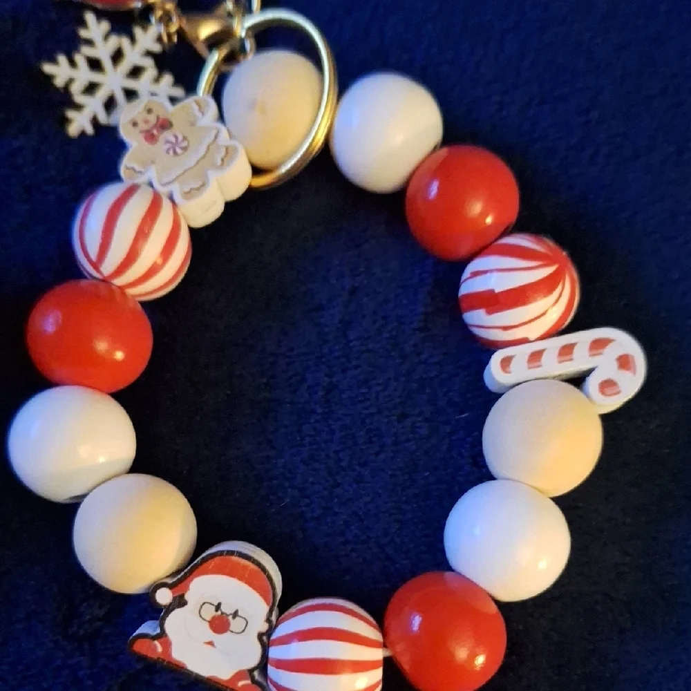 Festive Holiday Red and White Beaded Keychains Bracelets